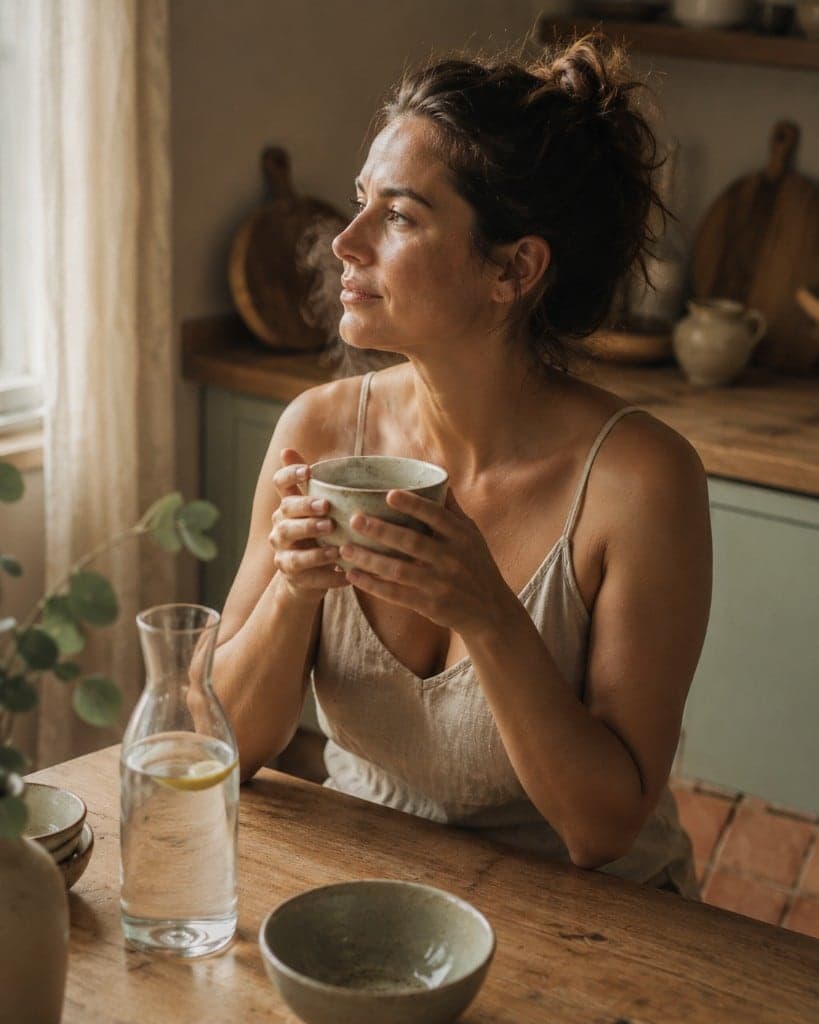 Femme savourant une tisane dans une cuisine lumineuse — jour hydrique HYDRIC